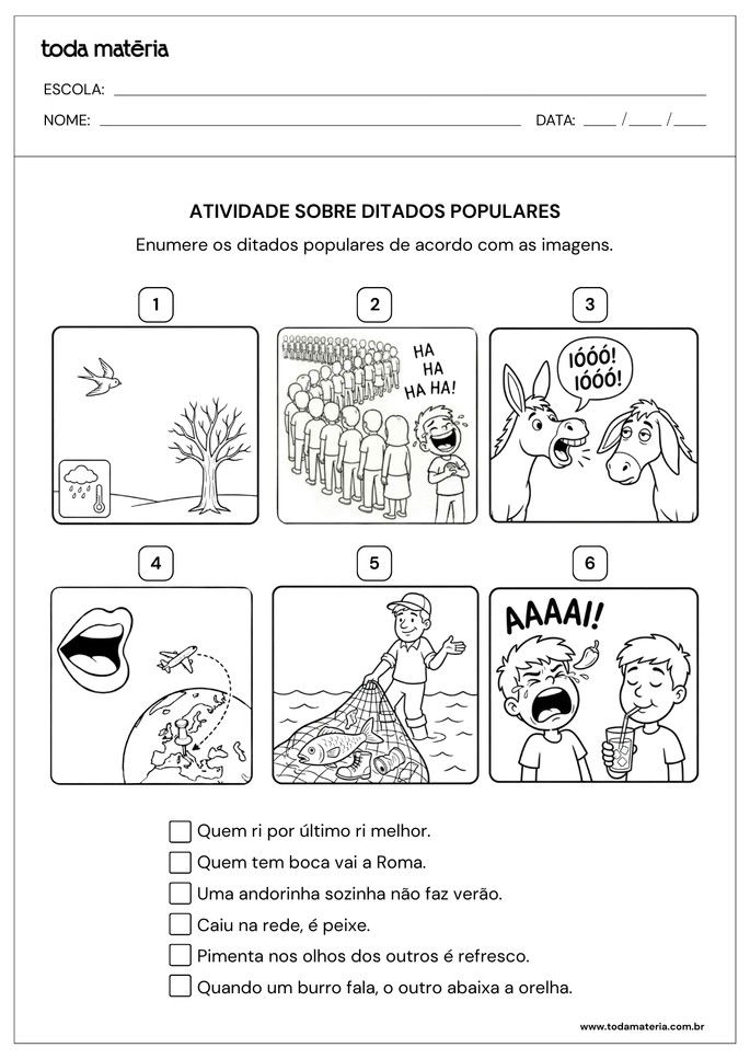 atividade de enumerar ditados populares de acordo com as imagens