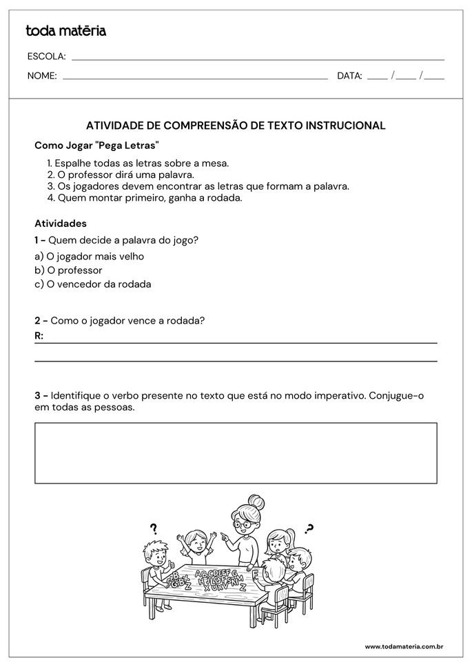 atividades de compreensao de textos instrucionais com jogo pega letras