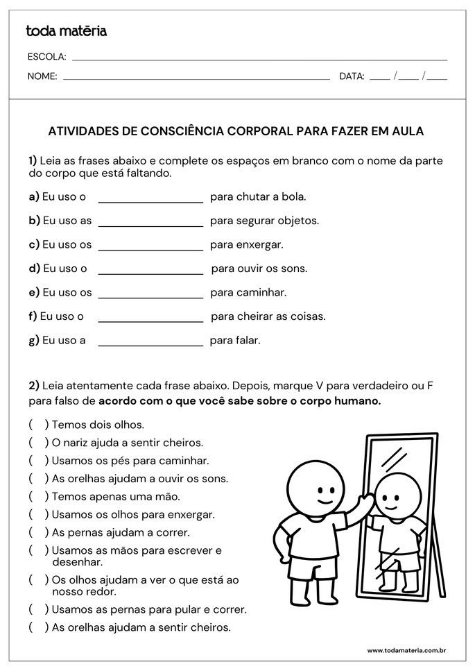 atividades de complete e verdadeiro ou falso sobre consci&ecirc;ncia corporal