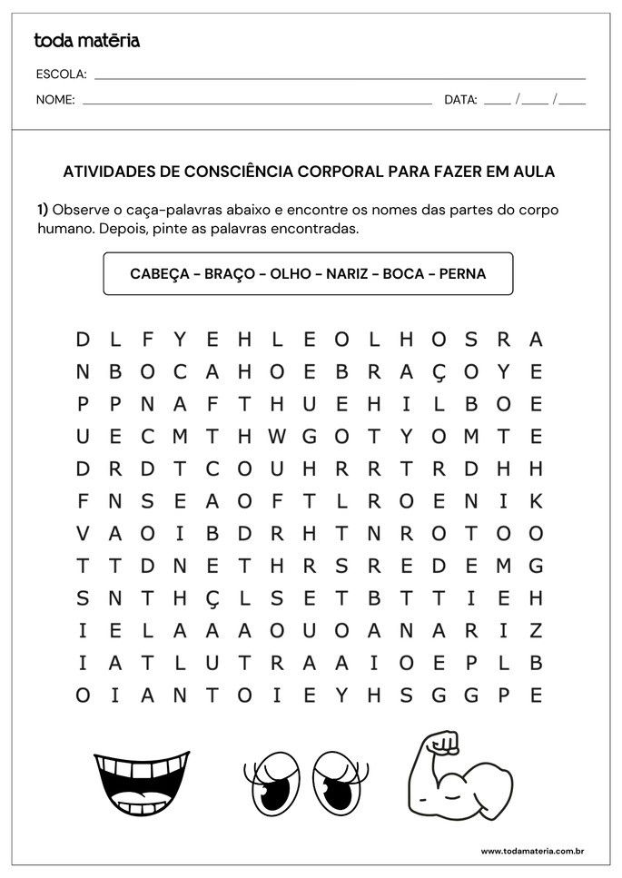 atividade de ca&ccedil;a-palavras sobre consci&ecirc;ncia corporal