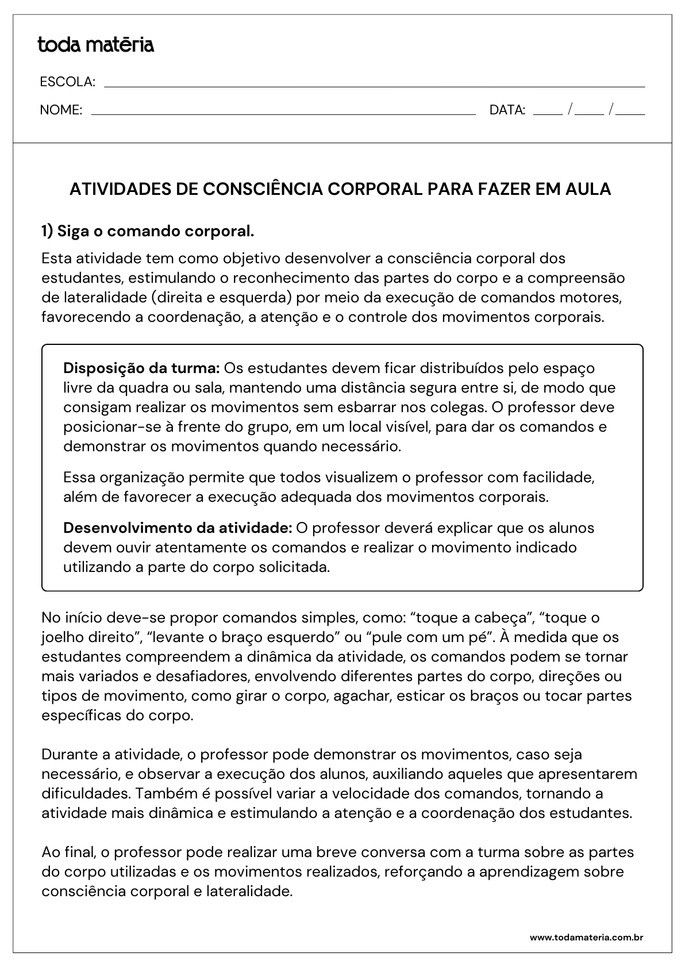 atividade de movimentos sigando comando corporal