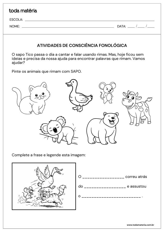 atividade sobre consci&ecirc;ncia fonol&oacute;gica com pinte e complete