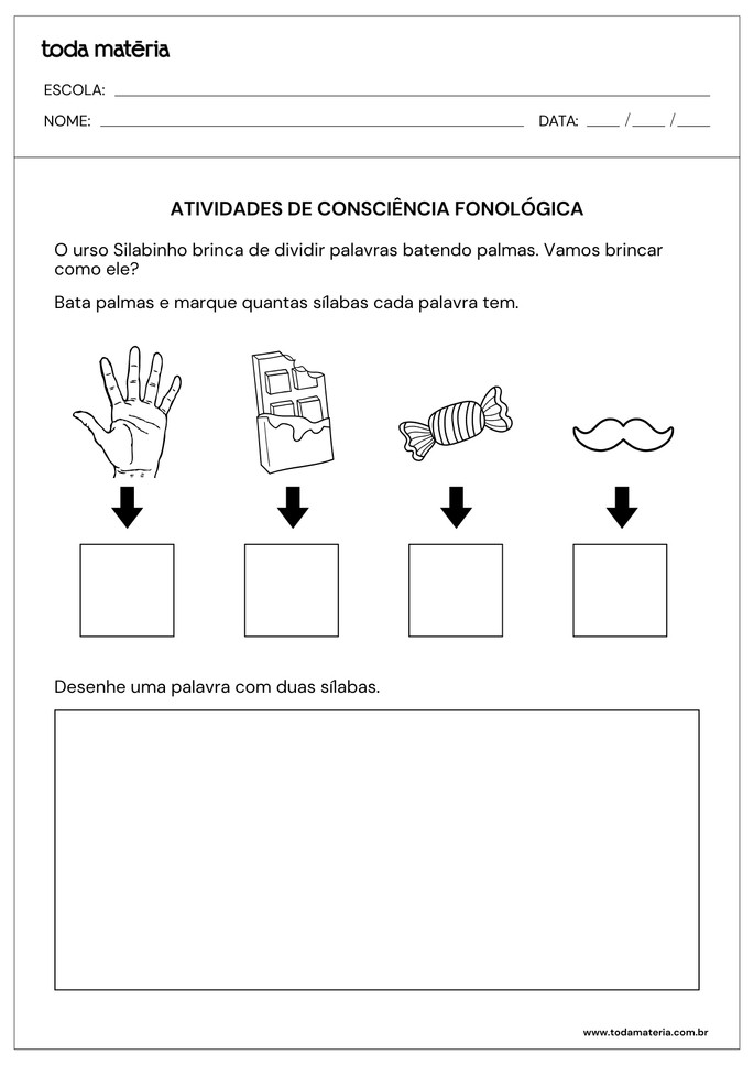 atividade sobre consci&ecirc;ncia fonol&oacute;gica com palmas e desenho