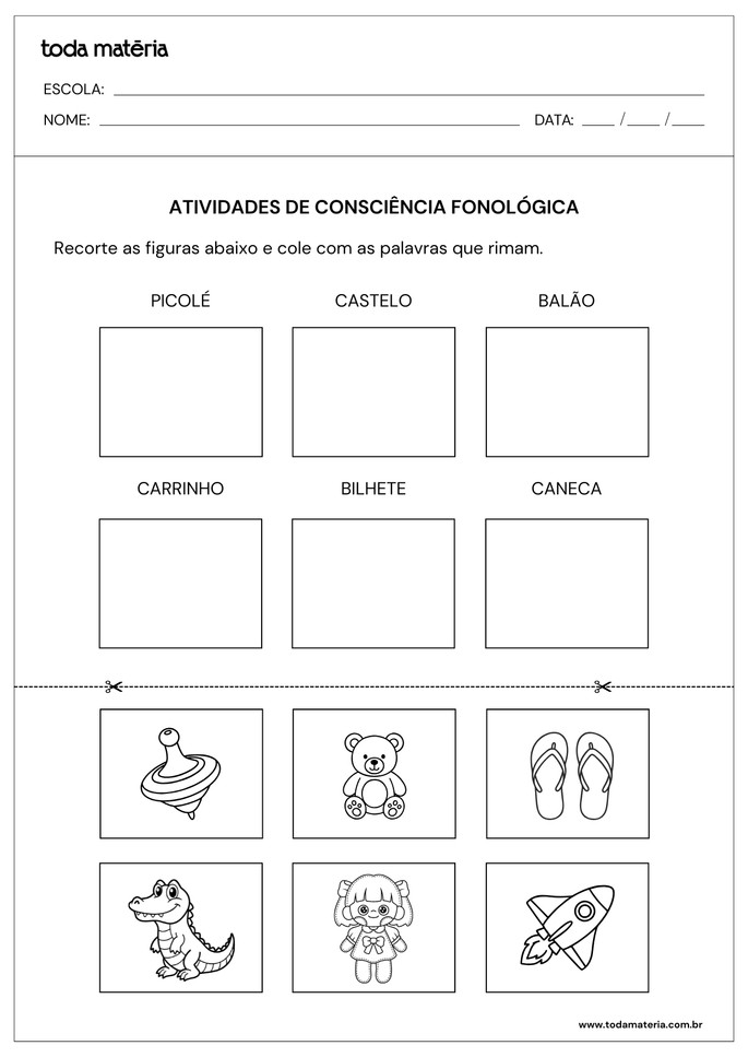 atividade sobre consci&ecirc;ncia fonol&oacute;gica para recortar imagens das palavras que rimam
