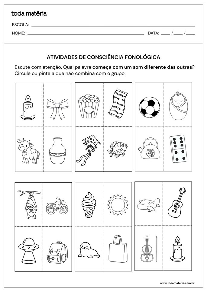 atividade sobre consci&ecirc;ncia fonol&oacute;gica pintar imagem da palavra intrusa