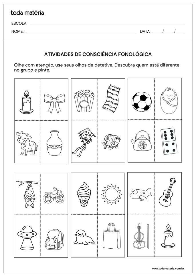 atividade sobre consci&ecirc;ncia fonol&oacute;gica pintar imagem da palavra intrusa
