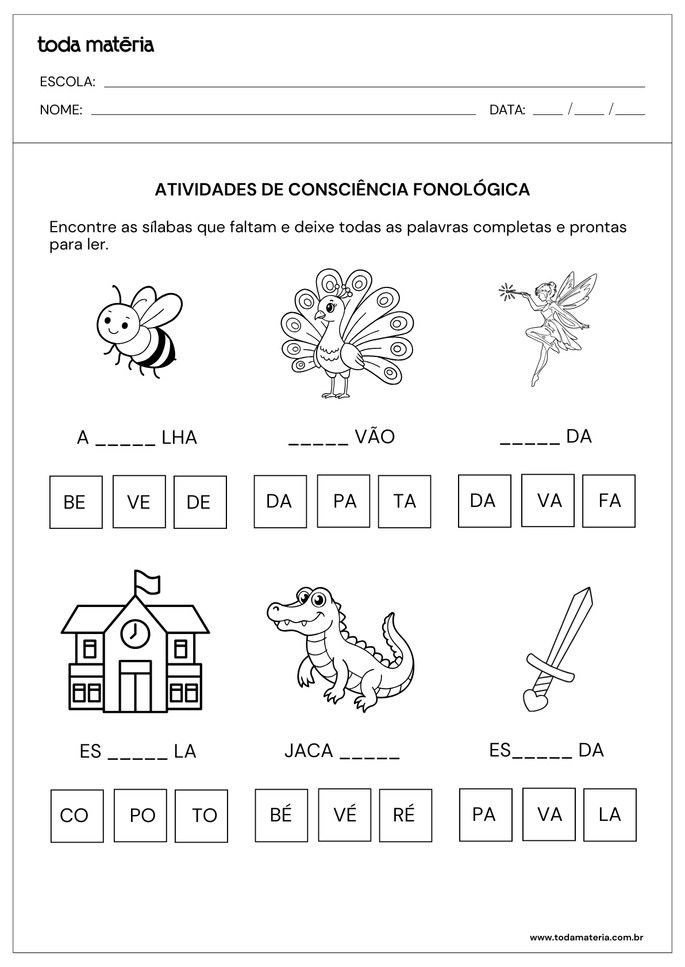 atividade sobre consci&ecirc;ncia fonol&oacute;gica para completar s&iacute;labas