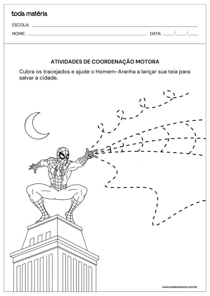 atividade de coordenação motora com homem-aranha lançando teias