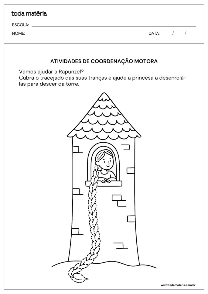 atividade de coordenação motora com tranças da Rapunzel