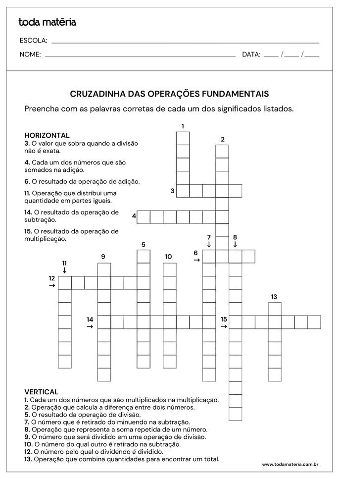 cruzadinha de opera&ccedil;&otilde;es fundamentais para 3&ordm; ano do EF