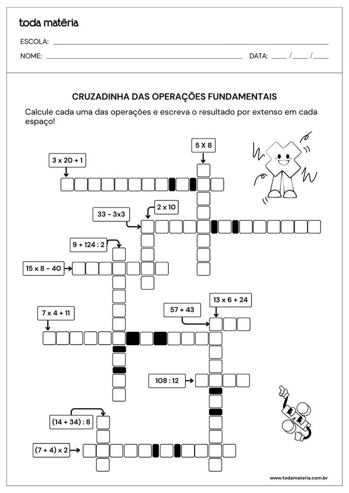 atividade de opera&ccedil;&otilde;es fundamentais em cruzadinha para 3&ordm; ano do EF