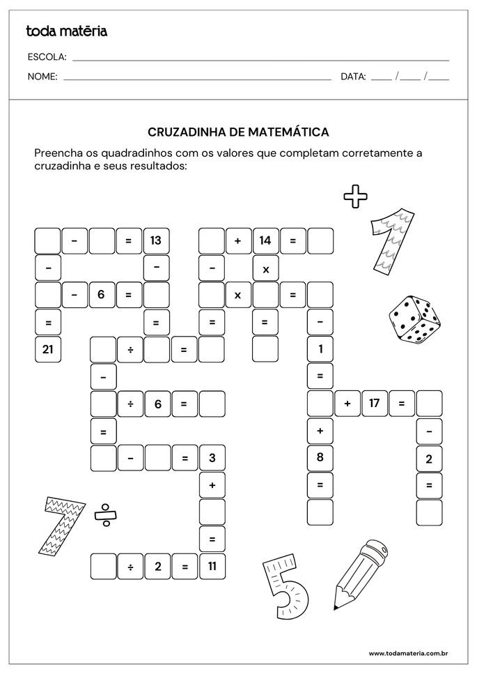 cruzadinha de matem&aacute;tica com continhas para 3&ordm; ano do EF