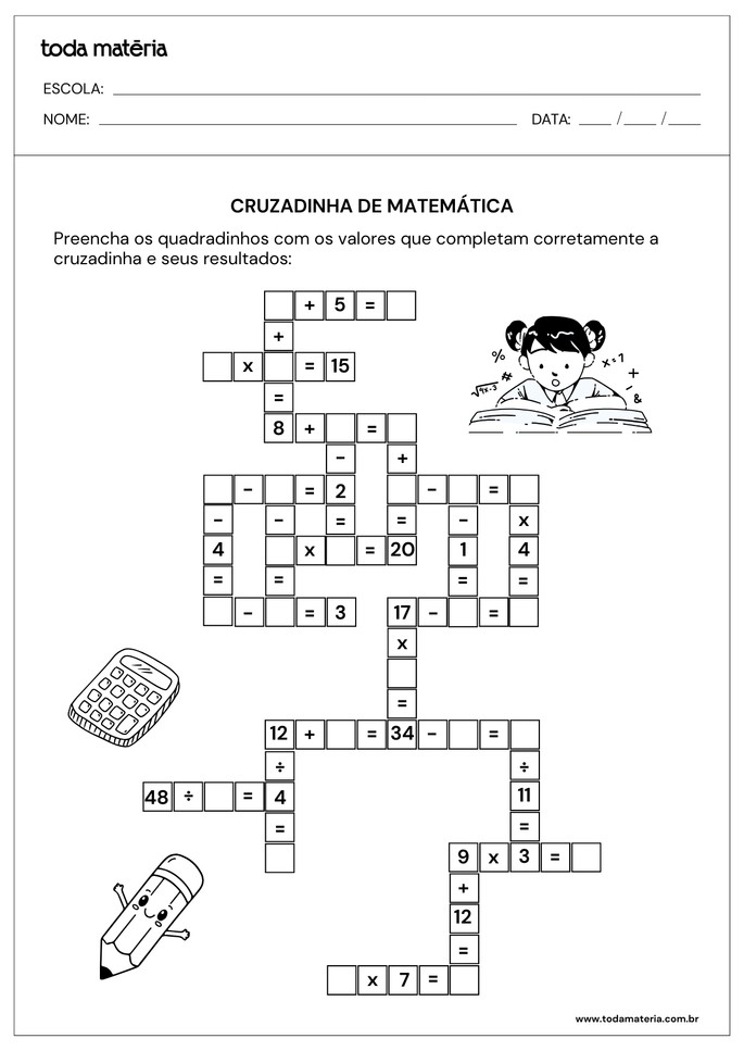 cruzadinha de matem&aacute;tica com contas das quatro opera&ccedil;&otilde;es para 3&ordm; ano do EF