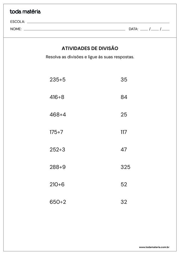 folha 1 de atividades de divisão