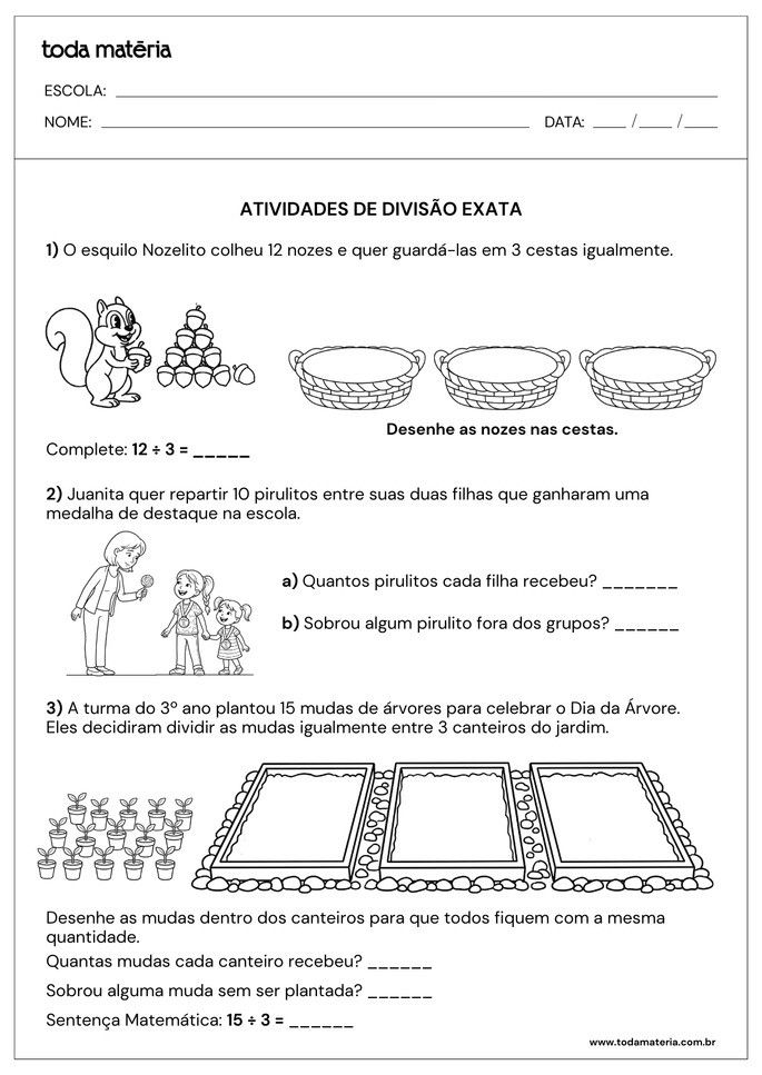 atividades de divis&atilde;o exata ilustradas para 3&ordm; ano do fundamental