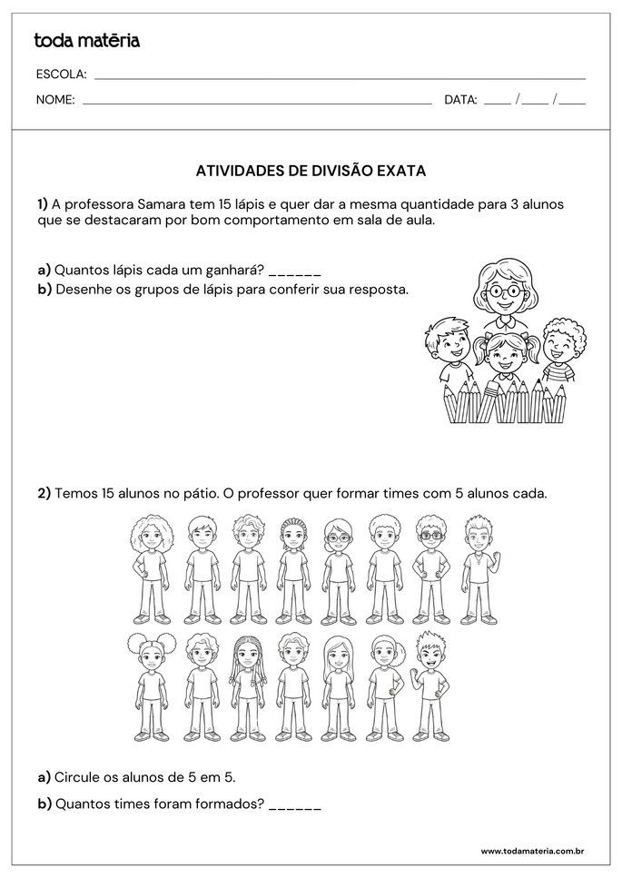 atividades de divis&atilde;o exata com problemas para 3&ordm; ano do fundamental