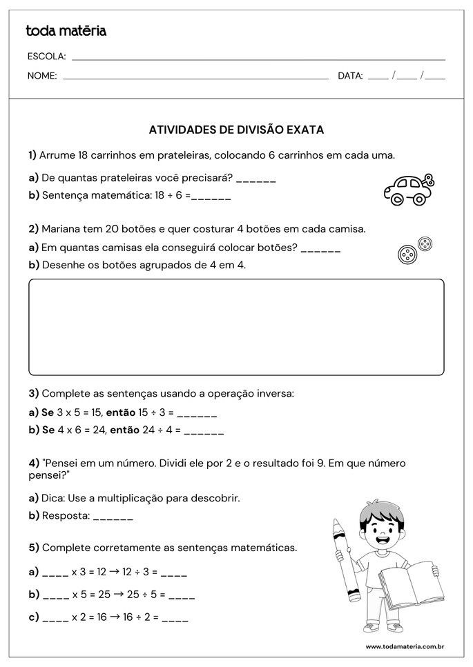 Problemas com contas de divis&atilde;o exata para 3&ordm; ano do fundamental