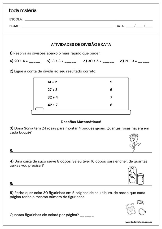atividades de ligar e contas de divis&atilde;o exata para 3&ordm; ano do fundamental