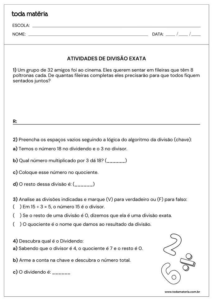 atividades de complete e verdadeiro ou falso de divis&atilde;o exata para 3&ordm; ano do fundamental
