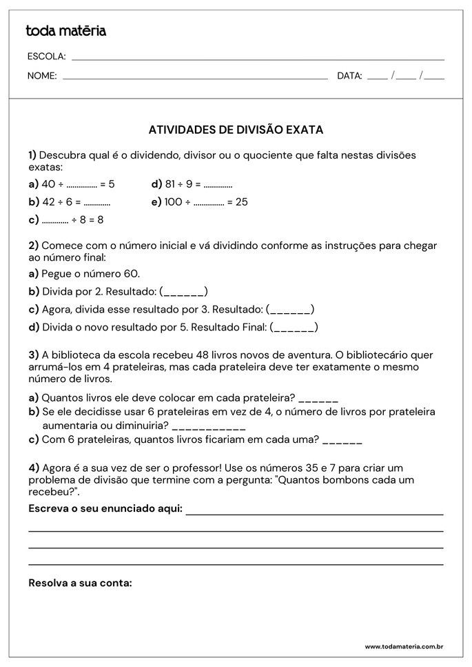 atividades variadas de divis&atilde;o exata para 3&ordm; ano do fundamental