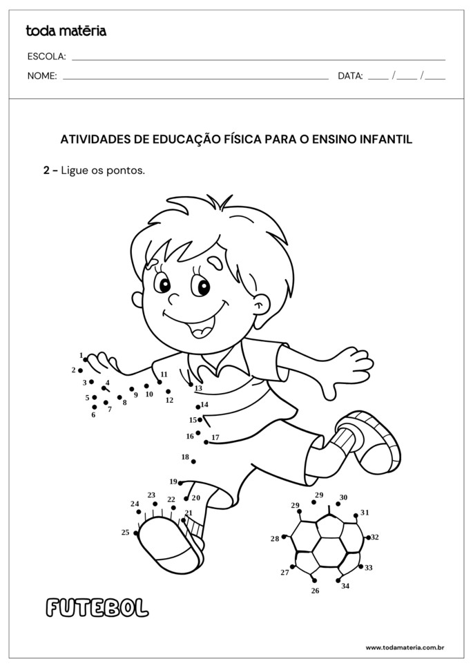 Atividade de Ensino Infantil de ligar os pontos com bola de futebol