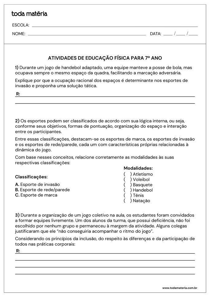 Atividades de educa&ccedil;&atilde;o f&iacute;sica para o 7&ordm; ano com quest&otilde;es e relacione