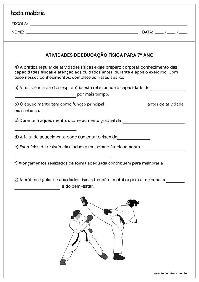 Atividades de complete de educa&ccedil;&atilde;o f&iacute;sica para o 7&ordm; ano
