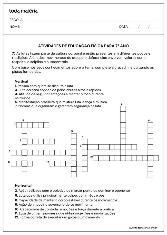 Palavras cruzadas de educa&ccedil;&atilde;o f&iacute;sica para o 7&ordm; ano