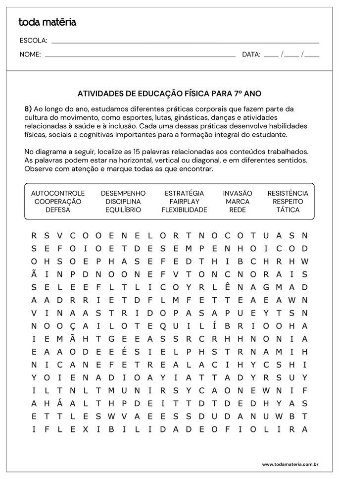 Ca&ccedil;a-palavras de educa&ccedil;&atilde;o f&iacute;sica para o 7&ordm; ano