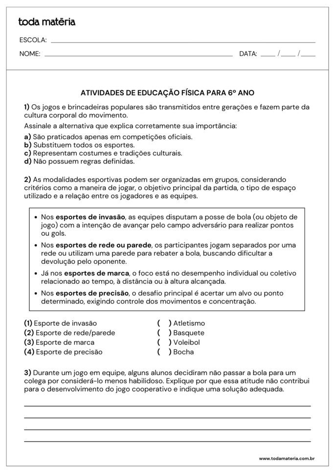Atividades de educa&ccedil;&atilde;o f&iacute;sica para 6&ordm; ano