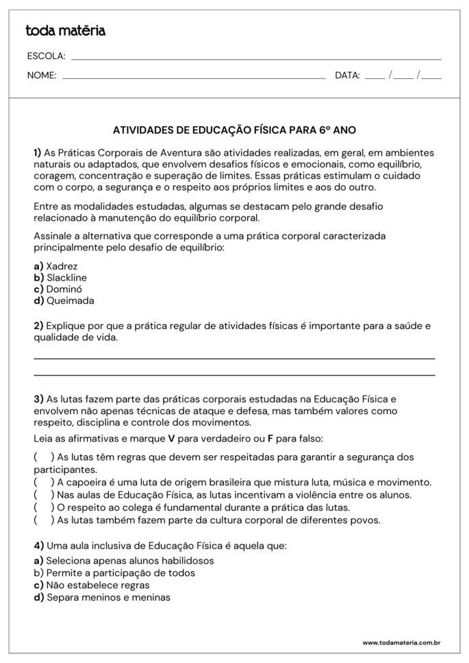 Atividades de m&uacute;ltipla escolha e verdadeiro ou falso sobre educa&ccedil;&atilde;o f&iacute;sica para 6&ordm; ano