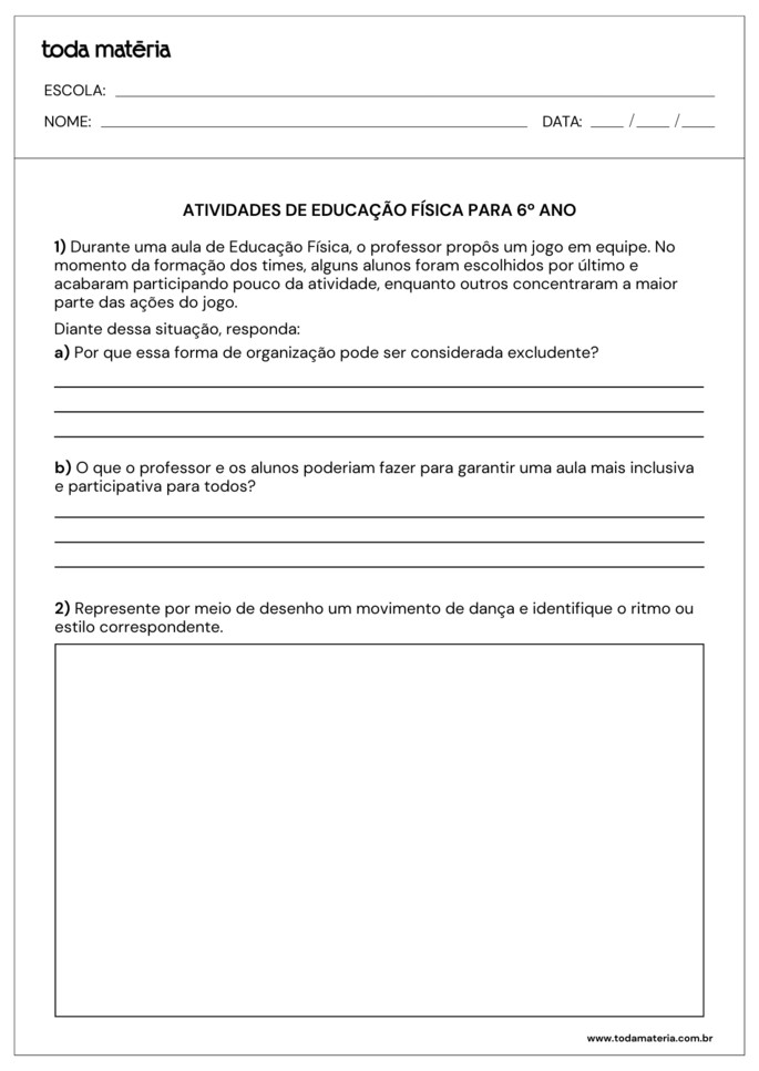Atividades com perguntas abertas sobre educa&ccedil;&atilde;o f&iacute;sica para 6&ordm; ano