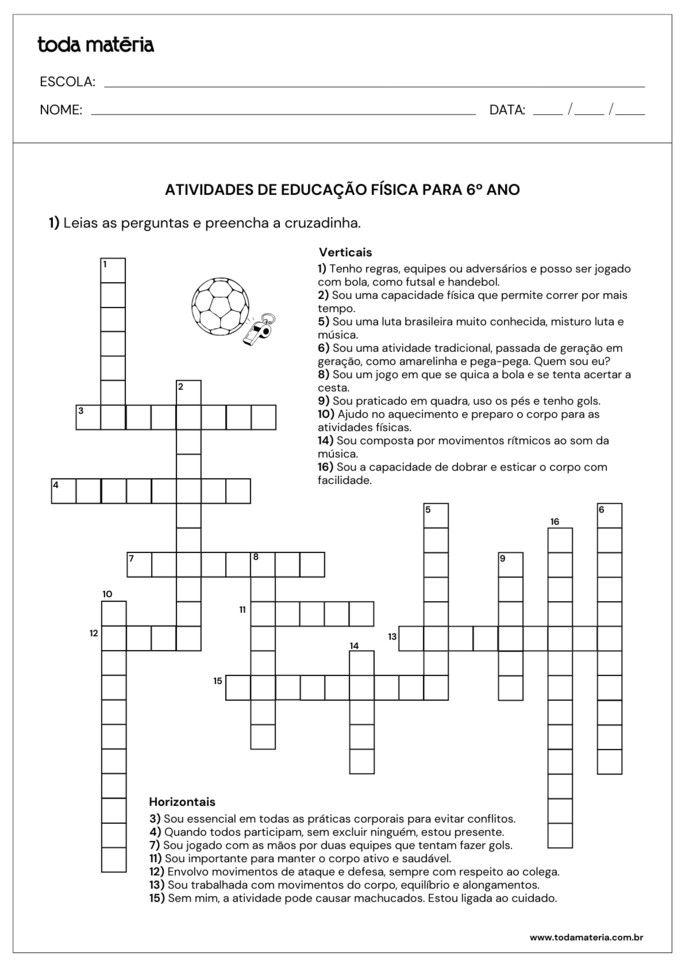 Cruzadinha de educa&ccedil;&atilde;o f&iacute;sica para 6&ordm; ano