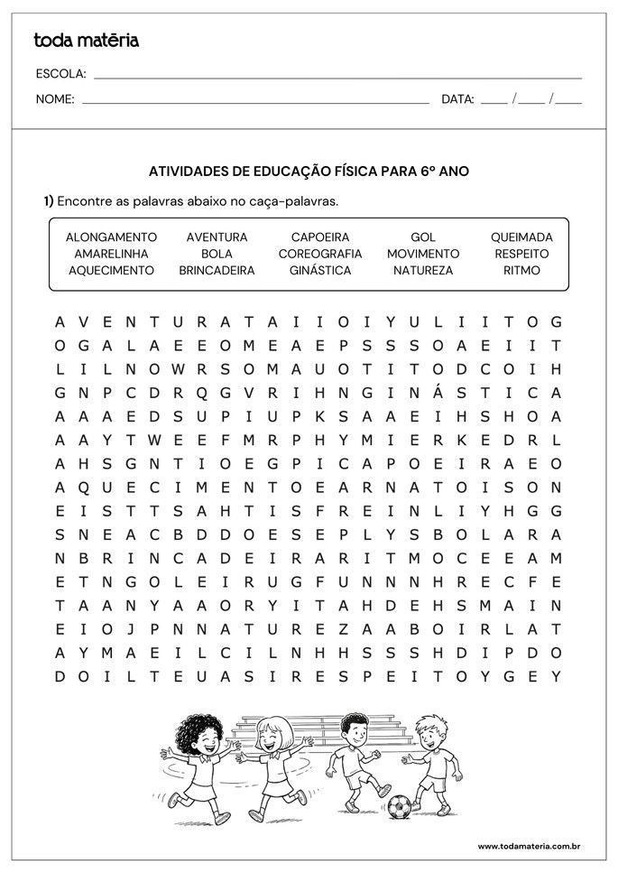 Ca&ccedil;a-palavras de educa&ccedil;&atilde;o f&iacute;sica para 6&ordm; ano