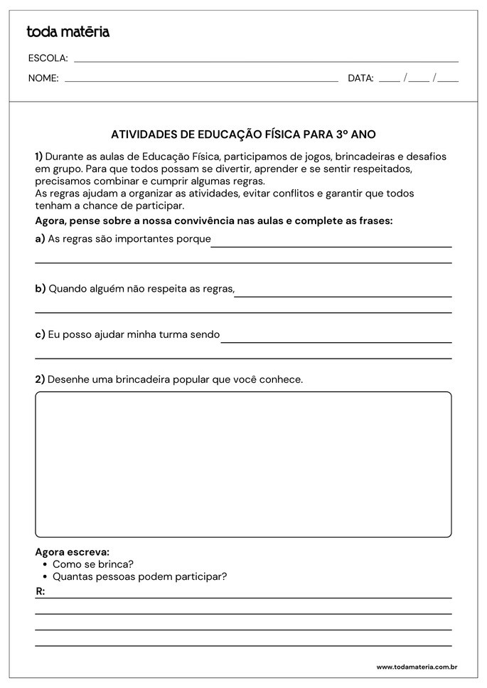 Atividades completar e desenhar de educa&ccedil;&atilde;o f&iacute;sica para 3&ordm; ano do Fundamental
