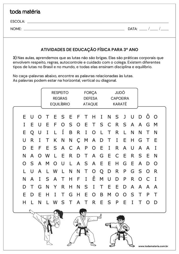 Ca&ccedil;a-palavras sobre lutas para 3&ordm; ano do Fundamental