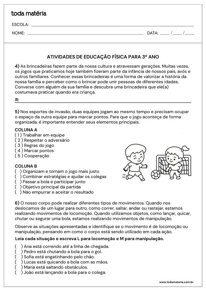 Atividades de relacione sobre educa&ccedil;&atilde;o f&iacute;sica para 3&ordm; ano do Fundamental
