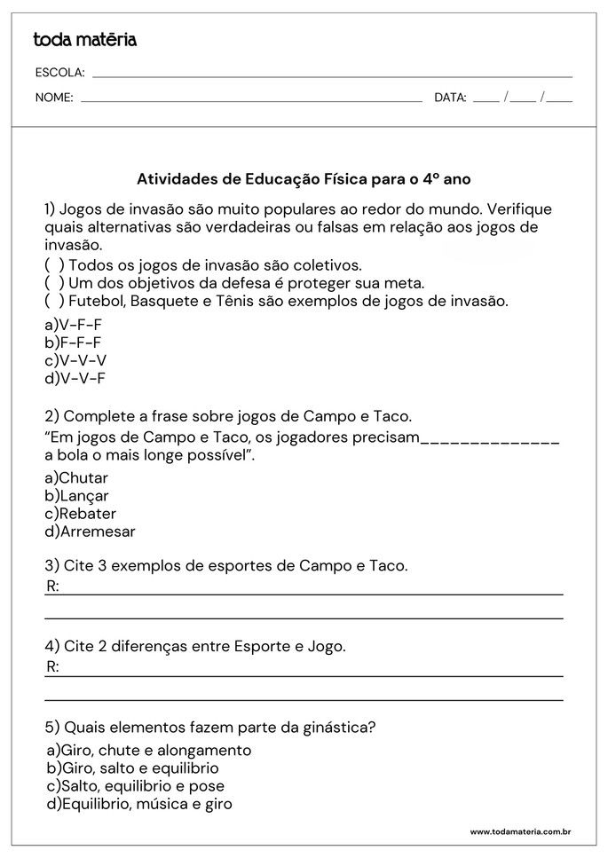 Atividades de Educação Física com questões de alternativa e discursivas para crianças do 4 ano.