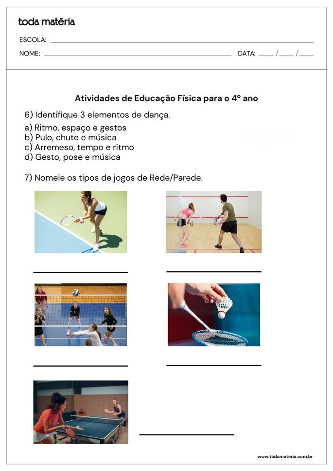 Atividades de Educação Física para o 4 ano