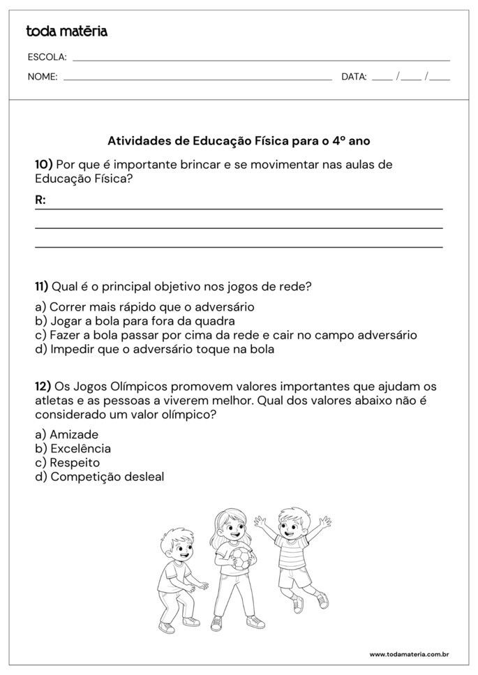 Atividades de Educação Física para o 4 ano