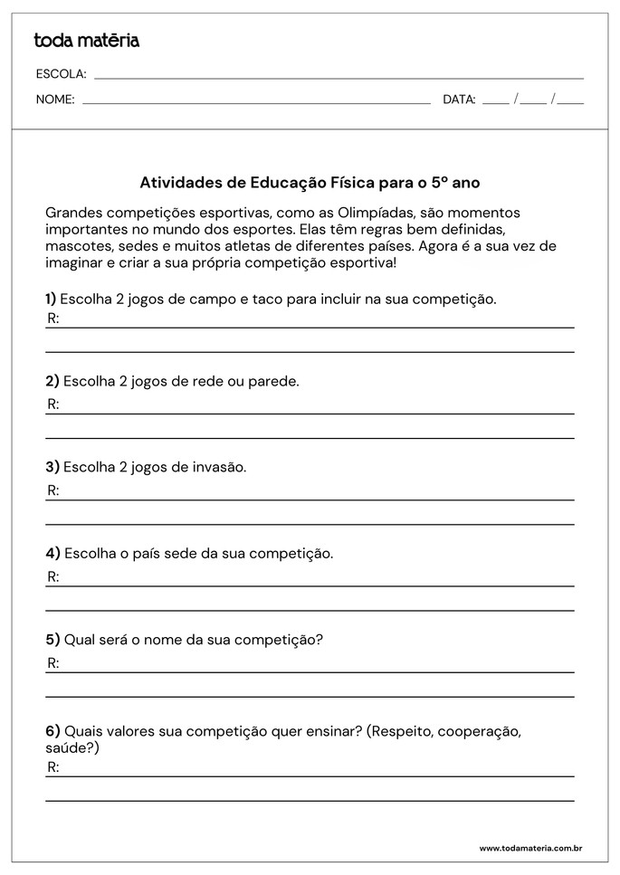 Atividades de Educação Física para o 5 ano