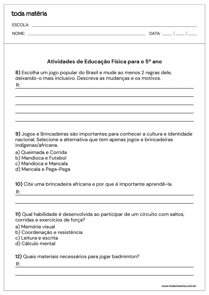 Atividades de Educação Física para o 5 ano