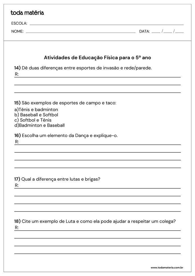 Atividades de Educação Física para o 5 ano