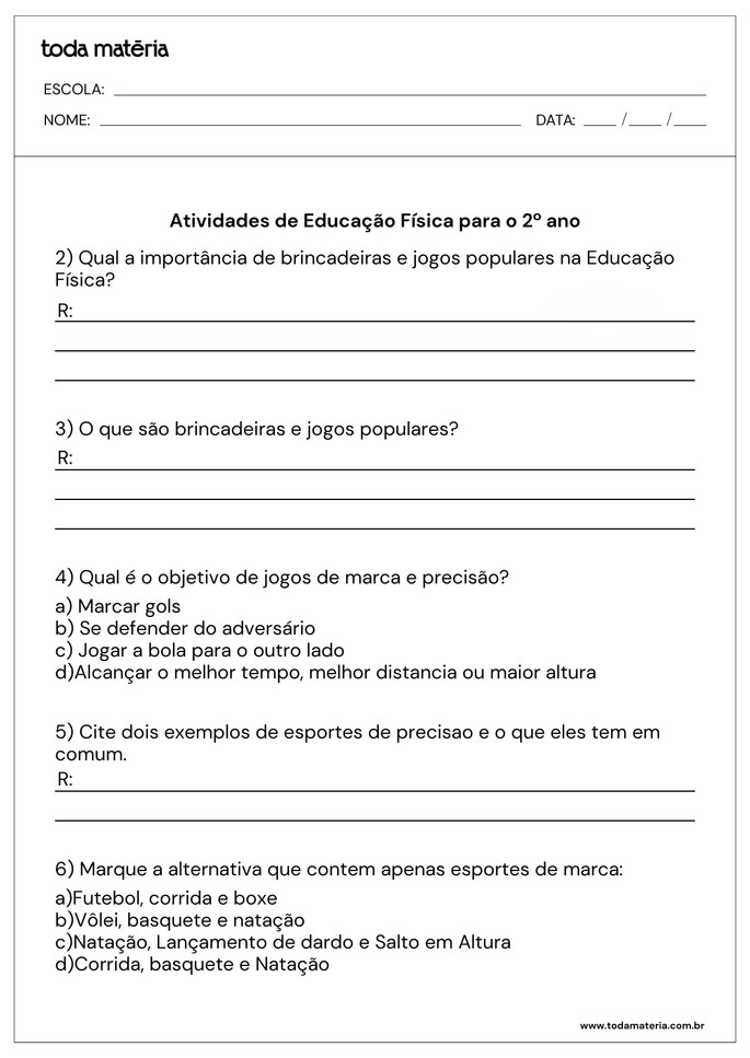 Atividades de Educação Física para o  2º ano do Fundamental