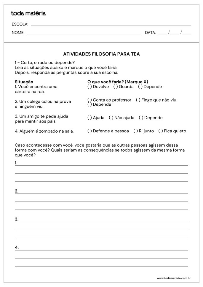 Folha de atividades de filosofia adaptadas para alunos com autismo