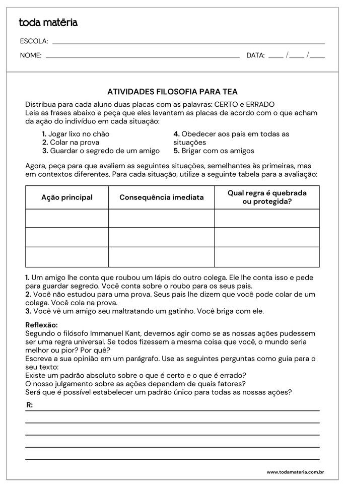 Folha de atividades de filosofia adaptadas para alunos com autismo