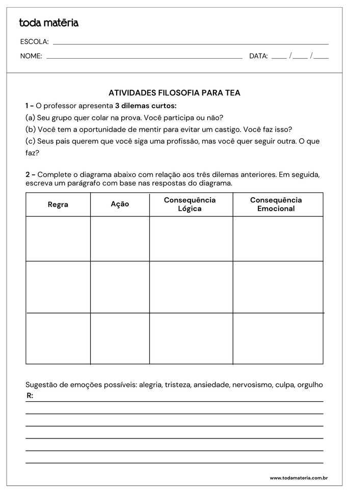 Folha de atividades de filosofia adaptadas para alunos com autismo