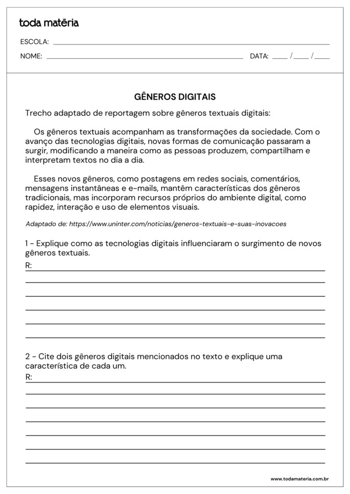 atividade sobre g&ecirc;neros digitais com trecho de reportagem