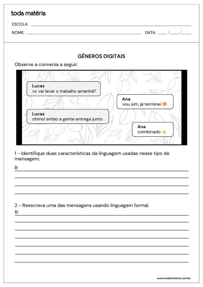 atividade sobre g&ecirc;neros digitais com conversa de celular