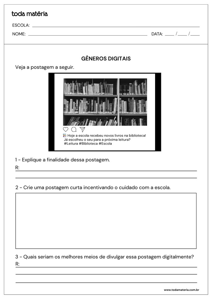 atividade sobre g&ecirc;neros digitais com post do Instagram